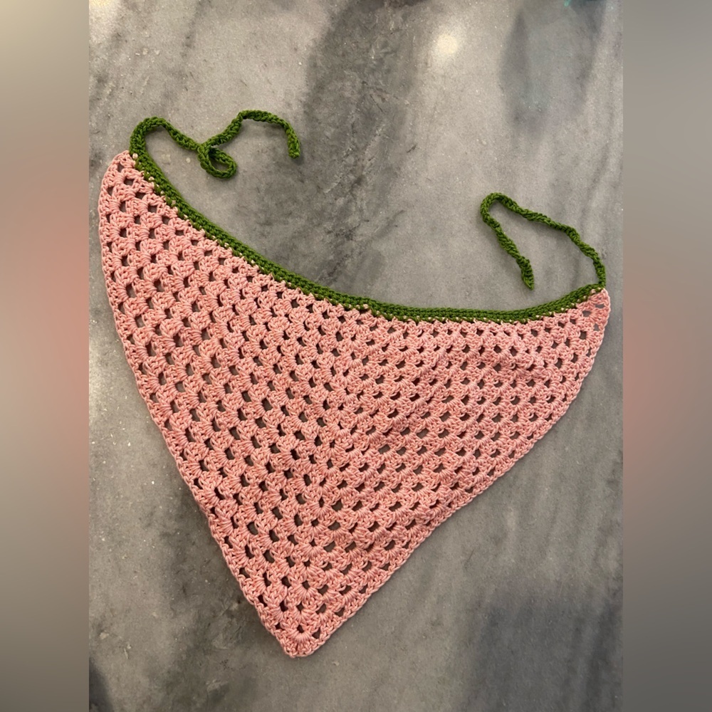 Handmade Pink Green Soft Cotton Crochet Triangle Kerchief Headscarf Mesh Boho